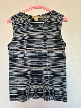 VTG Plissé Sleeveless Striped Knit Tank Top Blue/Black/White Shiny Textured Y2K